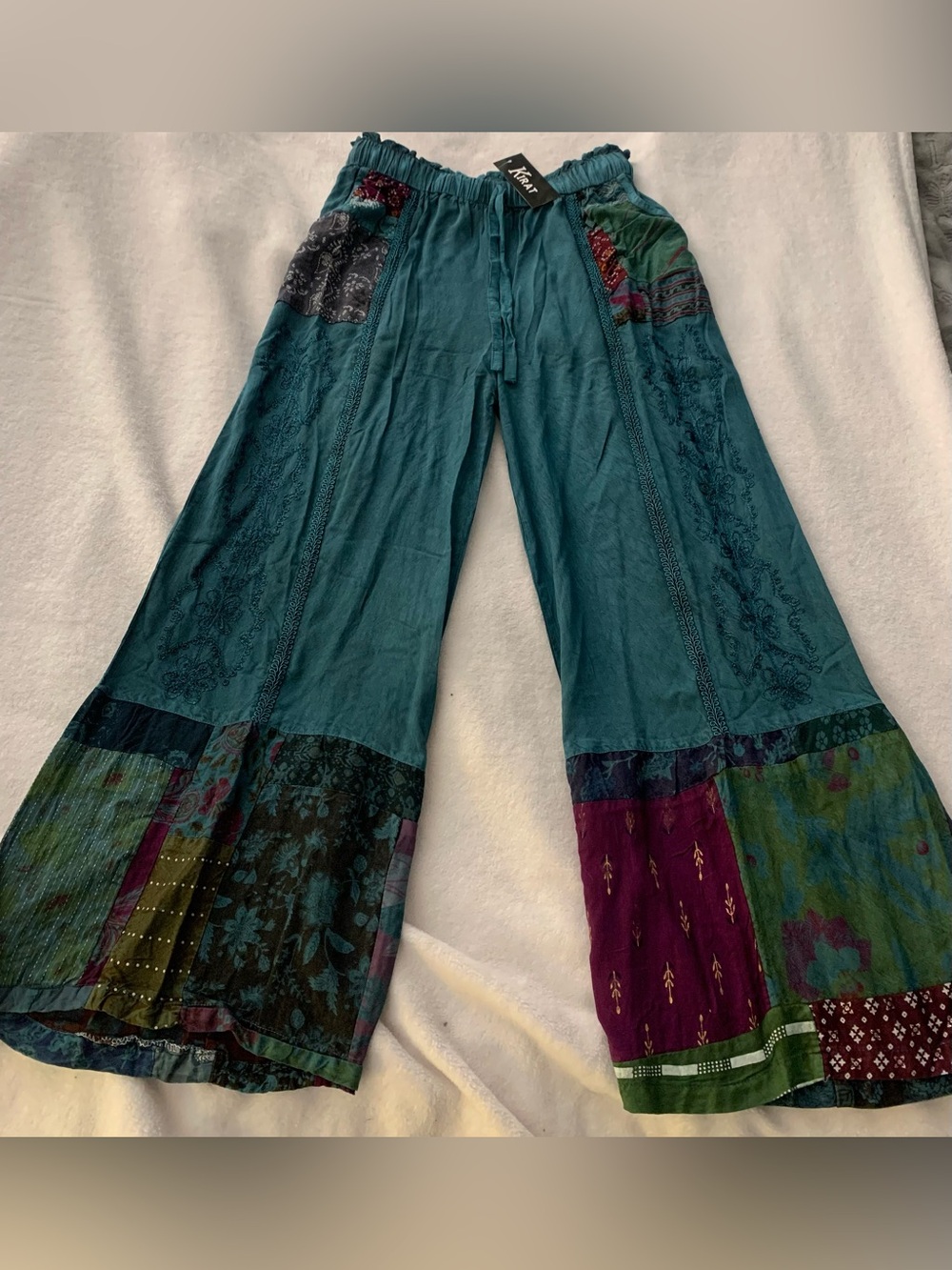 Kirat NWT Teal Boho Patchwork Pull On Wide Leg Pants Elastic Waist Hippie OS